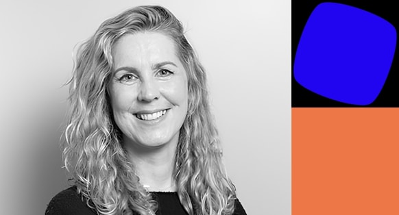 A black and white image of Claire Cocks with blue and orange shapes on the right hand side