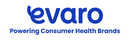 The Evaro logo features blue text on a white background. Underneath the company name (where the lowercase e is in cursive) the tag-line 'powering consumer health brands' is shown.