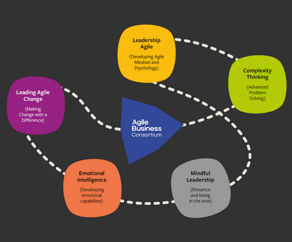 A diagram showing learning opportunities for leaders in a web. It lists Agile Leadership, Complexity Thinking, Mindful Leadership, Emotional Intelligence and Leading Agile Change as different areas of development for leaders for success and suggests that you can 'mix and match' learning to plot your own course, depending on your needs.