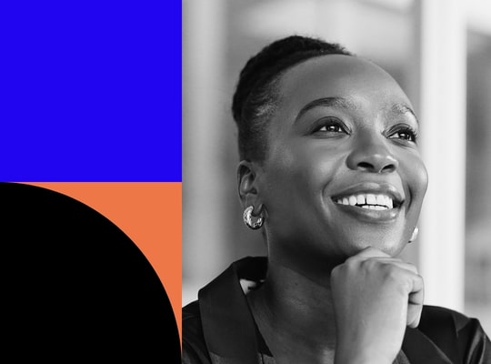 Black-and-white portrait of a smiling professional beside bold blue and orange graphic shapes, promoting Agile Business Consortium membership and self-paced, expert-led agile courses for professional development