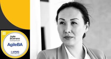 Black-and-white portrait of a professional woman beside the AgileBA certification badge from Agile Business Consortium and APMG International