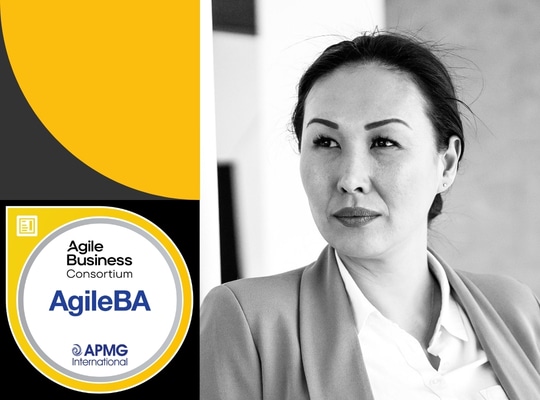 Agile Business Analysis certification badge with portrait of a professional woman