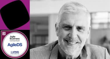 Black-and-white portrait of a smiling professional man beside the AgileDS certification badge from Agile Business Consortium and APMG International.