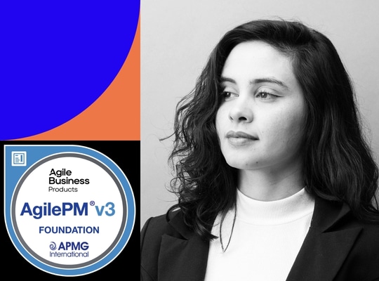 AgilePM v3 Conversion Course certification badge with portrait of a professional woman