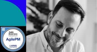 Black-and-white portrait of a professional man beside the AgilePM certification badge from Agile Business Consortium and APMG International.