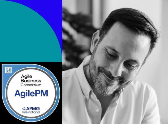 AgilePM v3 certification badge with portrait of a professional man, project management
