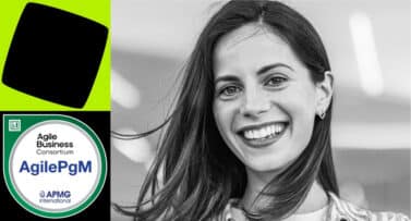 Black-and-white portrait of a smiling professional woman beside the AgilePgM certification badge from Agile Business Consortium and APMG International.