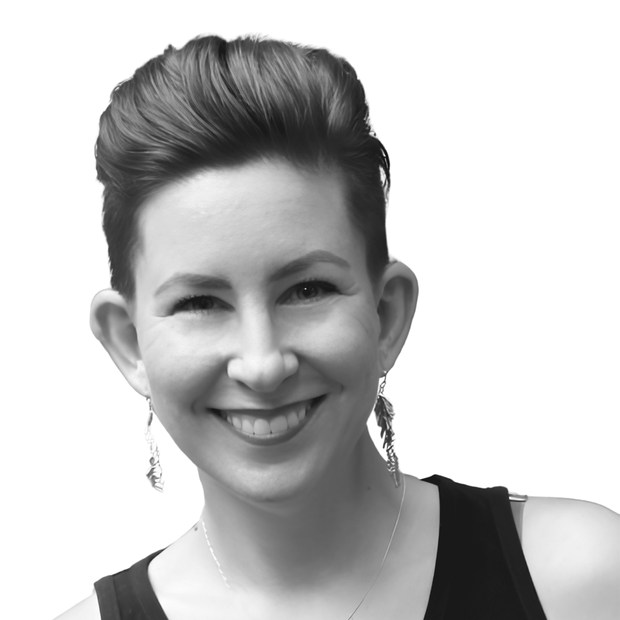 A black and white headshot photograph of Andrea Fryrear