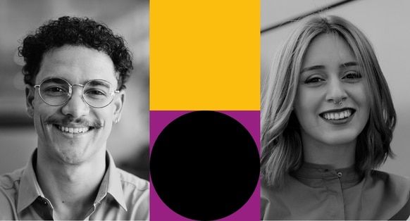 Black-and-white photo of a professional man and woman, in headshot style. Between their photographs are some colourful shapes representing Agile Business Consortium branding.