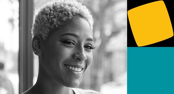 A Woman Smiling with Yellow and Teal Shapes