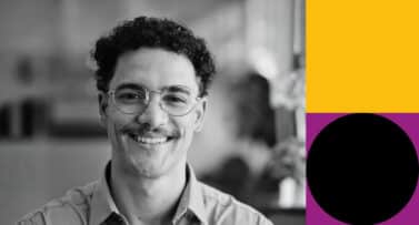 Black-and-white portrait of a smiling professional with bold graphic elements, representing Agile Business Consortium publications and eBooks.