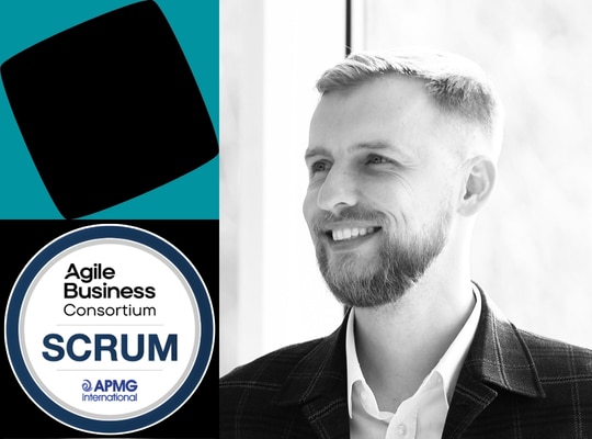 Scrum certification badge with portrait of a smiling professional man
