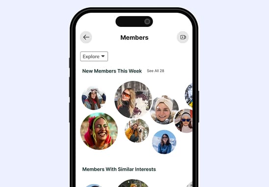 A mobile phone showing member photographs in the online community space. The images are of smiling members in cut-out circles, under headers that say 'New Members This Week' and 'Members With Similar Interests'