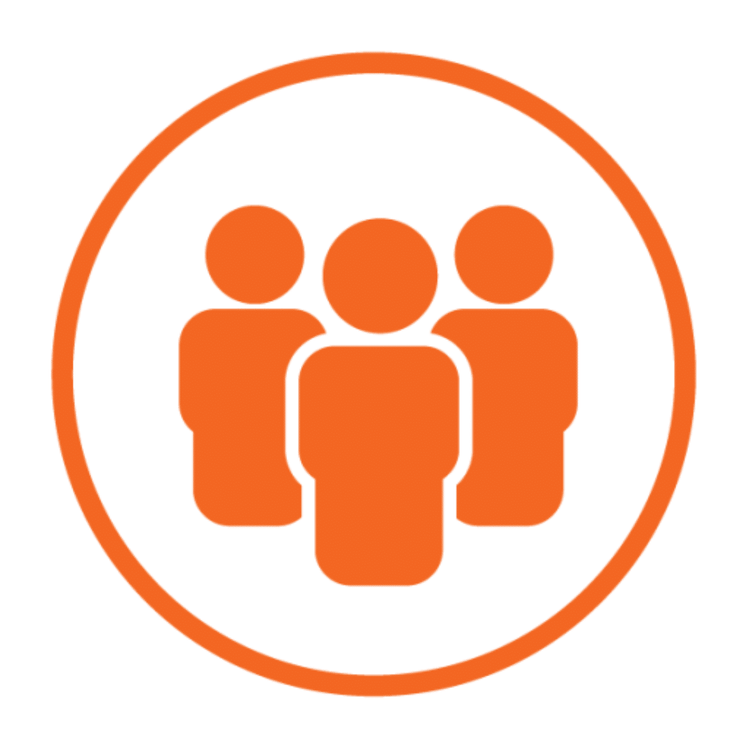 The Agile Research Network logo; three orange people shapes, standing together inside of a circle