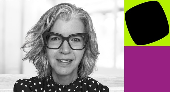 A headshot image of Melissa Reeve, a member of the Business Agility Think Tank, with blocks and shapes in Agile Business Consortium colours