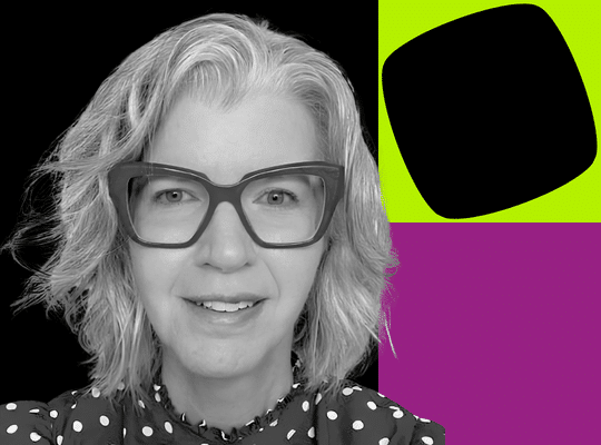 A headshot image of Melissa Reeve, a member of the Business Agility Think Tank, with blocks and shapes in Agile Business Consortium colours
