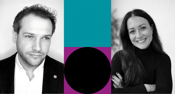 A black and white card image of the speakers of the event Wayne Gosden and Karen McAllen