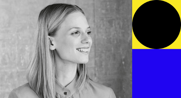 Black and white image of a woman looking to the right with yellow and blue images on the right