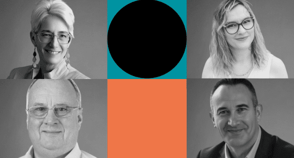 A black and white set of four headshots of Ilana Sprongl, Philippe Guenet, Aga Gajownik and Jon Ward.