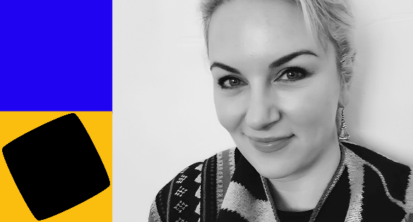 a black and white headshot image of Niamh Trundle accompanied by brand shapes in blue and orange